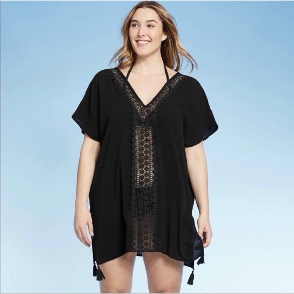 kona sol beach Swim coverup Dress solid black Rayon Lace Short Sleeve Mini Small